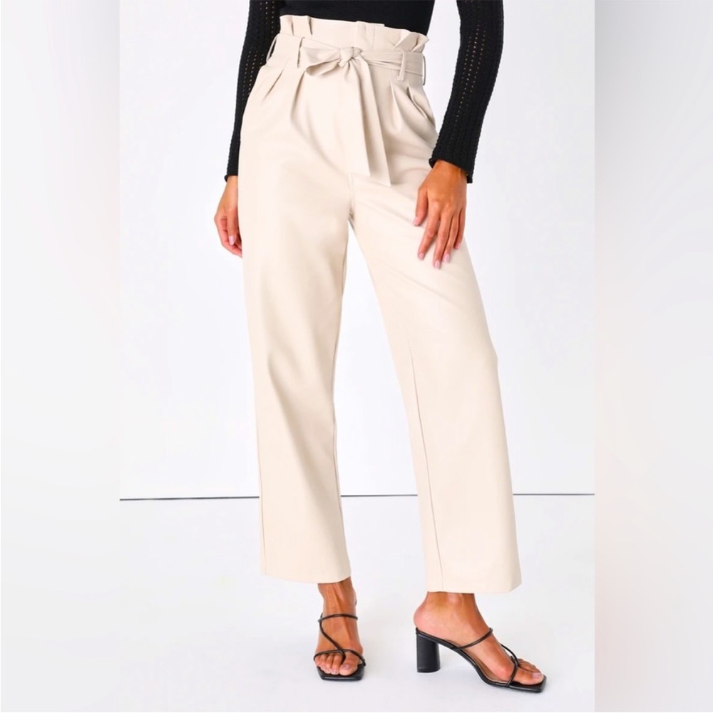 New Avec Les Filles Faux leather belted paper bag pants Bone size large cream L